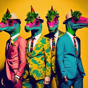The painting depicts a group of lizards dressed in formal attire, standing tall and proud. They each exude an air of sophistication, as they are dressed in their finest attire. The image is generated with the use of an AI.
