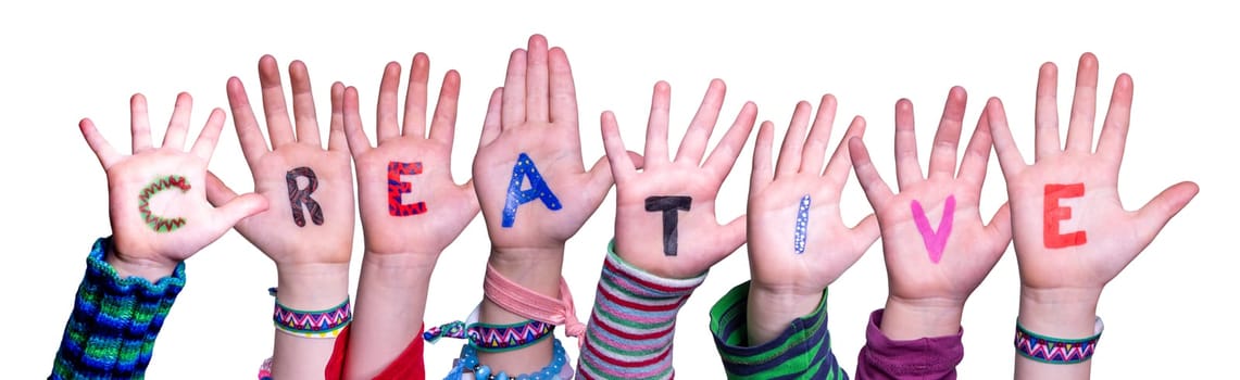 Children Hands Building Colorful English Word Creative. Isolated White Background.