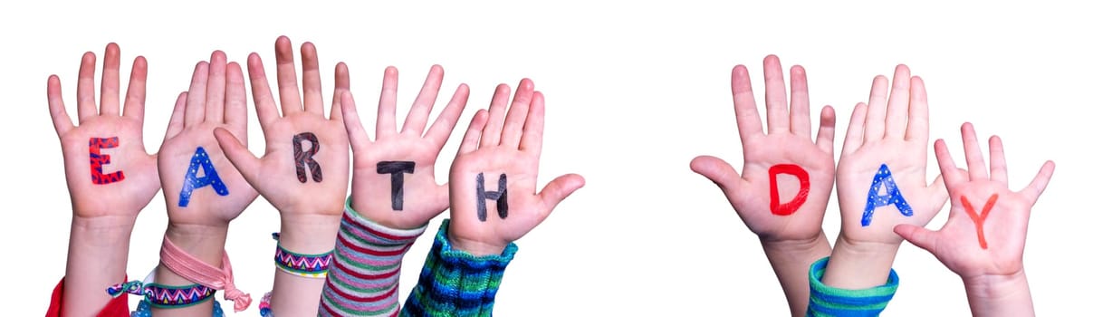 Children Hands Building Colorful English Word Earth Day. Isolated White Background.