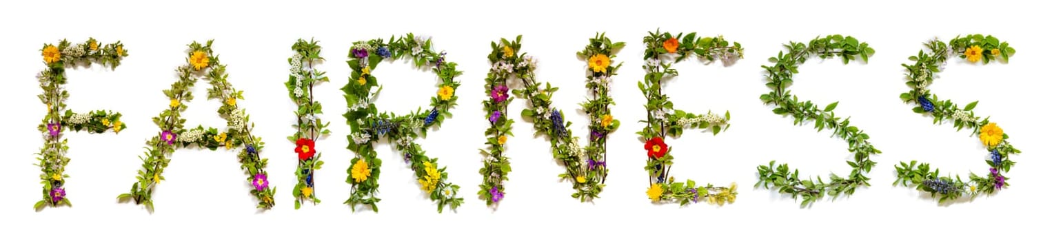 Blooming Flower Letters Building English Word Fairness. Colorful Spring and Summer Blossoms. White Isolated Background.