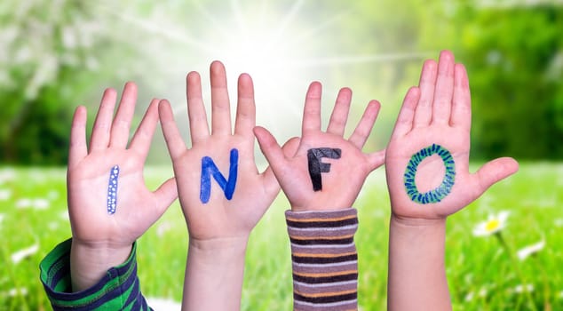Children Hands Building Colorful German Word Info Means Information. Sunny Green Grass Meadow As Background.