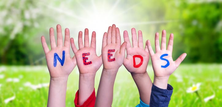 Children Hands Building Colorful English Word Needs. Summer, Sunny Green Grass Meadow As Background