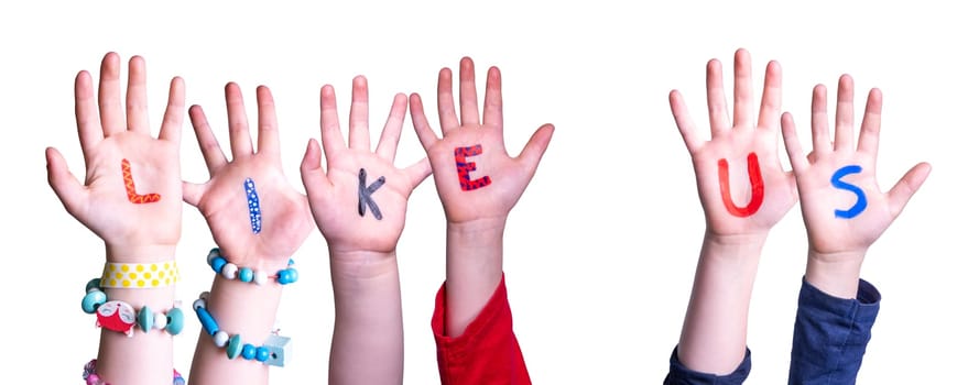 Children Hands Building Colorful English Word Like Us. Isolated White Background.
