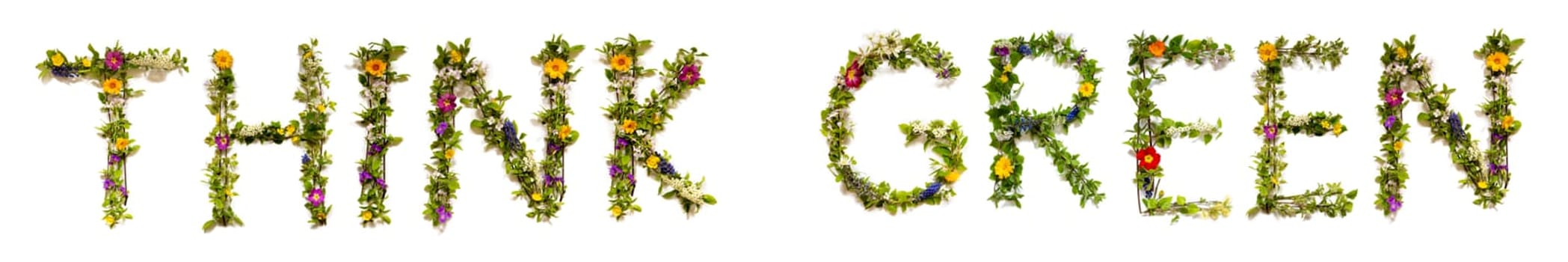 Blooming Flower Letters Building English Text Think Green. Summer And Spring Season Blossoms And Flower Lei.