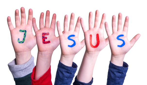 Children Hands Building Colorful English Word Jesus. Isolated White Background.