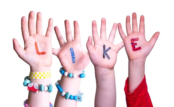 Children Hands Building Colorful English Word Like. Isolated White Background.