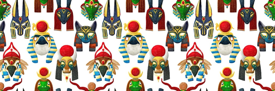 Watercolor gods of Egypt pattern over white background