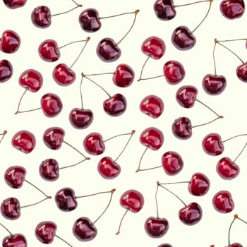 Seamless endless pattern of bright ripe red sweet cherries isolated on white background