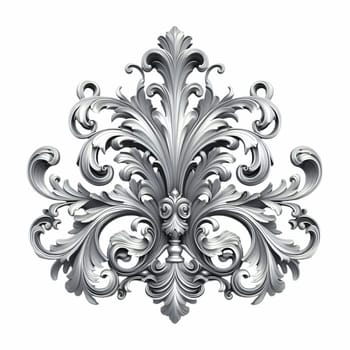 A silver baroque ornament featuring intricate scrolls and flourishes against a white background. the ornament has a vintage, antique appearance with a metallic, silver texture.
