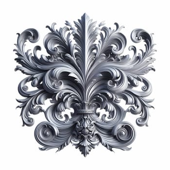 A silver baroque ornament featuring intricate scrolls and flourishes against a white background. the ornament has a vintage, antique appearance with a metallic, silver texture.