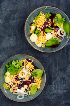 Healthy vegan salad with boiled beets, lentils, leek and herbs. Low calorie salad.