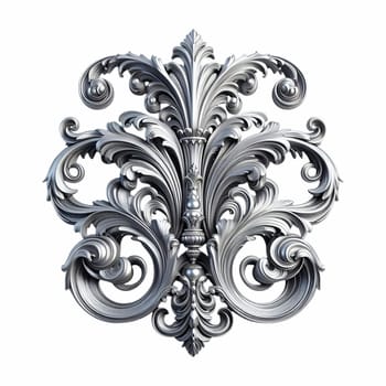 A silver baroque ornament featuring intricate scrolls and flourishes against a white background. the ornament has a vintage, antique appearance with a metallic, silver texture.