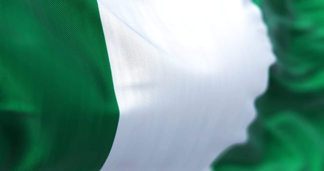 Close-up view of the Nigeria national flag waving. Three equal vertical bands: green, white and green. 3d illustration render. Selective focus. Close-up.