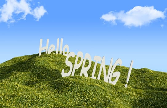 The words hello spring on a green meadow with a beautiful sky, 3d rendering