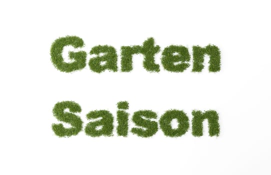The German words Gardening season written with grass on a white background, 3d rendering