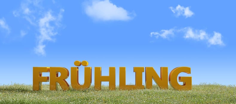 The German word spring with photorealistic grass hill on a blue sky background, 3d rendering