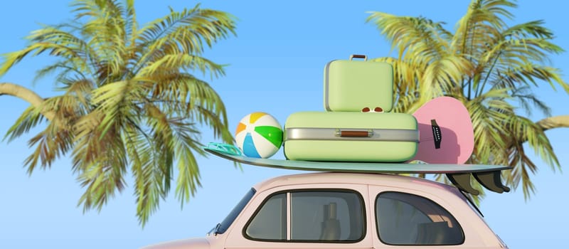 Retro small car with a surfboard and travel suitcases in front of a blue sky and palm trees, tourism concept, 3d rendering