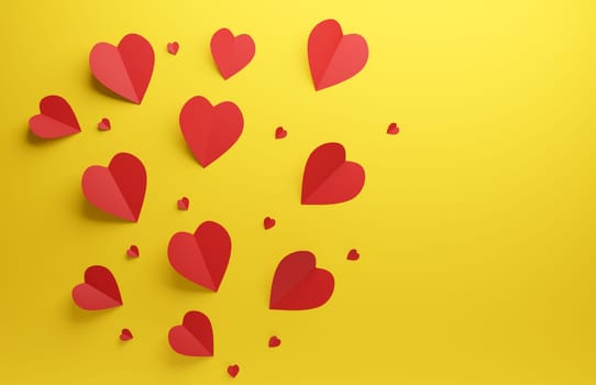 Red heart shapes on a yellow background, Valentines Day or wedding concept background, 3d rendering