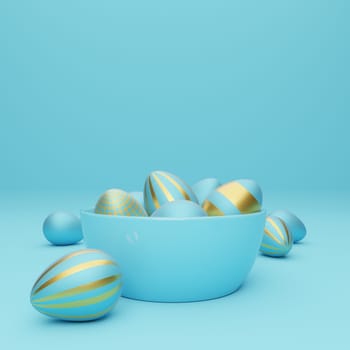 Many blue Easter eggs with golden eggs on a blue background, modern Easter background, 3d rendering