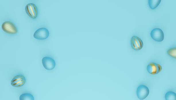 Many blue Easter eggs with golden egg on a blue background, modern Easter background, 3d rendering