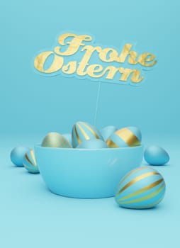 Many blue Easter eggs with golden sign and German words Happy Easter on a blue background, modern Easter background, 3d rendering