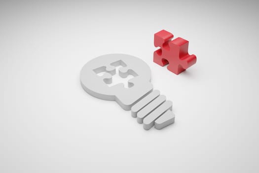 Bright light bulb with a red jigsaw puzzle piece ,3d rendering, creativity concept, new ideas, teamwork and togetherness