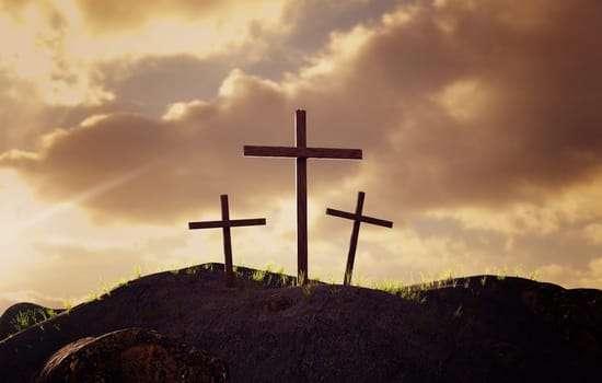 Three crosses on a hill, resurrection of Jesus Christ, crucifixion, sun rising, 3d rendering