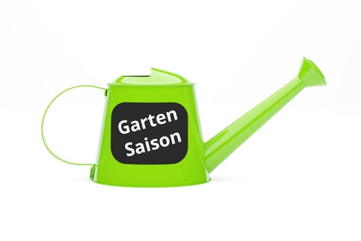 Green metal watering can with the German words Gardening season on a white background, 3d rendering