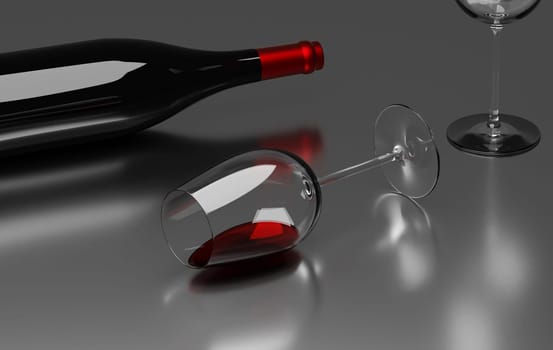 Glass of red wine with bottle on a dark reflective table, 3d rendering