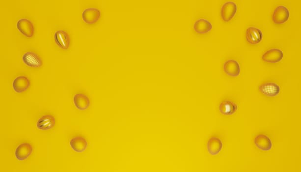 Many yellow Easter eggs with golden egg on a yellow background, modern Easter background, 3d rendering