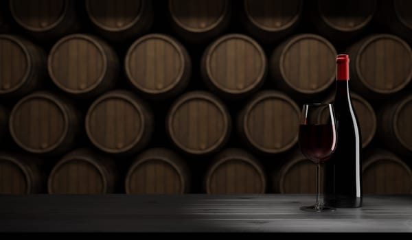 Glass of red wine with bottle on a rustic wooden table, wine barrels in the background, space for text, mixed media, 3d rendering