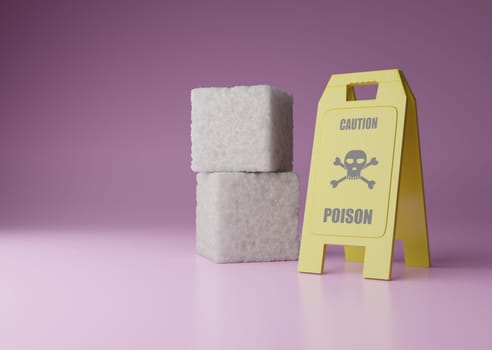 Stacked sugar cubes with a warning sign Caution Poison on a pink background, unhealthy food, 3d rendering