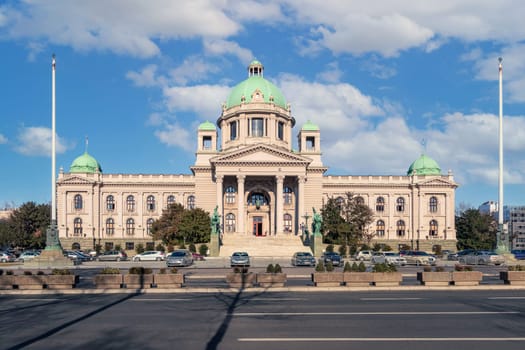 Belgrade, Serbia - February 20, 2023: House of the National Assembly of the Republic of Serbia. Early it was the seat of the Parliament of Yugoslavia and the Parliament of Serbia and Montenegro.