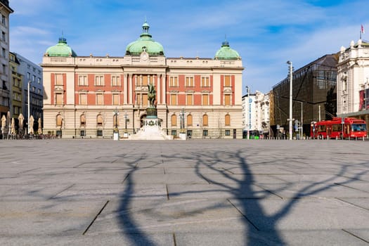 Belgrade, Serbia - February 19, 2023: Republic Square with Building of National Museum and statue of Prince Mihailo. The National Museum building was declared a Monument of Culture of Great Importance