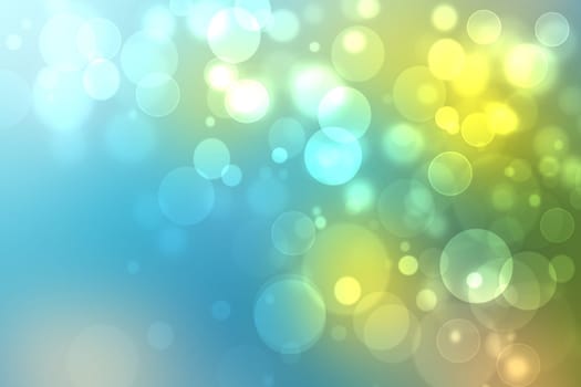 Abstract blurred fresh vivid spring summer light delicate blue yellow white bokeh background texture with bright circular soft color lights. Beautiful backdrop illustration. Space.