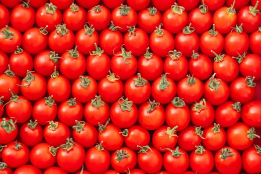 Background image of lying rows of red ripe cherry tomatoes. Top view. Flat lay. Copy space