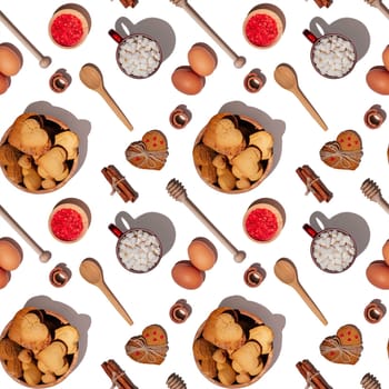 Seamless endless pattern of baking ingredients and accessories, heart shaped gingerbread cookie and coffee mug with marshmallows with hard shadows isolated on white background. Top view