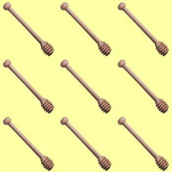 Seamless endless pattern of wooden honey spoons with hard shadows isolated on light yellow background. Top view