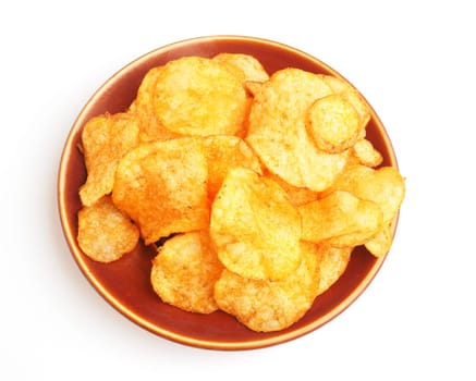 Tasty potato chips on a white background, unhealthy food