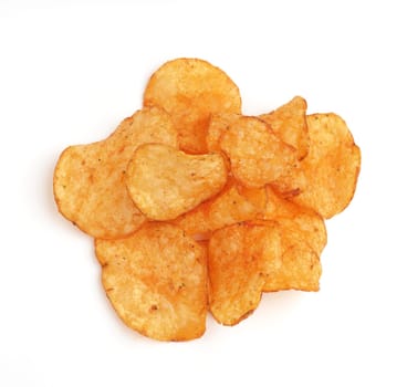 Tasty potato chips on a white background, unhealthy food