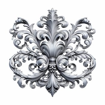 A silver baroque ornament featuring intricate scrolls and flourishes against a white background. the ornament has a vintage, antique appearance with a metallic, silver texture.
