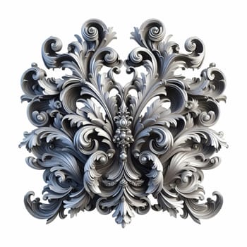 A silver baroque ornament featuring intricate scrolls and flourishes against a white background. the ornament has a vintage, antique appearance with a metallic, silver texture.