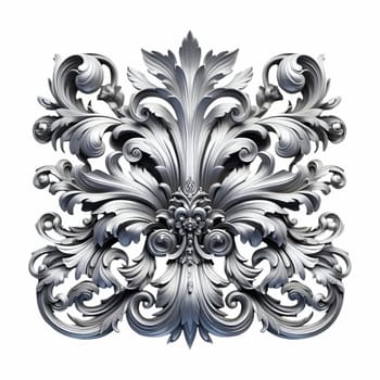 A silver baroque ornament featuring intricate scrolls and flourishes against a white background. the ornament has a vintage, antique appearance with a metallic, silver texture.