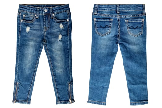 Girls jeans isolated. Elegant trendy stylish female blue jeans trousers isolated on a white background. Fashionable denim pants for kids. Front and back view.