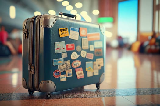 A close-up of a blue vintage travel suitcase adorned with colorful stickers and signs. Generative Ai.