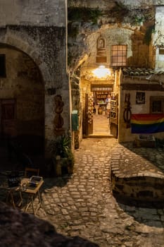 Matera, Italy - September 20, 2019: Souvenir shop in the Sassi di Matera a historic district in the city of Matera. Basilicata. Italy