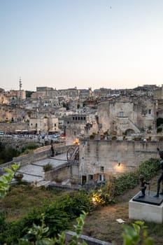 Matera, Italy - September 17, 2019: View of the Sassi di Matera a historic district in the city of Matera, well-known for their ancient cave dwellings. Basilicata. Italy