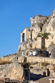Matera, Italy - September 14, 2019: Sassi di Matera a historic district in the city of Matera, well-known for their ancient cave dwellings. Basilicata. Italy