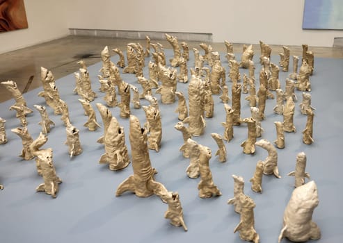 Venice, Italy - September 6, 2022:  59th Venice Art Biennale in Venice.  Great white Fear by the German artist Jana Euler