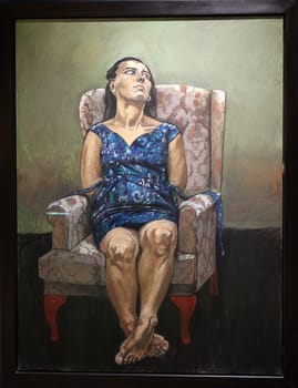 Venice, Italy - September 6, 2022:  59th Venice Art Biennale in Venice. Sit by the Portugal artist Paula Rego